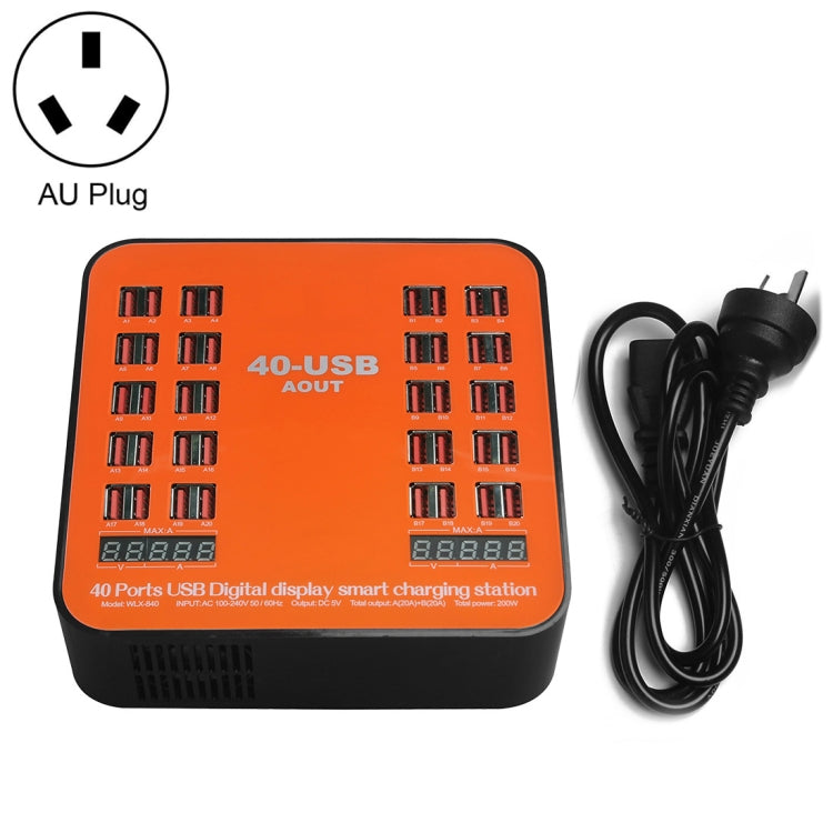 WLX-840 200W 40 Ports USB Digitalanzeige Intelligente Ladestation AC100-240V, AU-Stecker (Schwarz+Orange), AU-Stecker