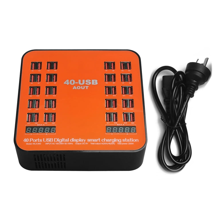 WLX-840 200W 40 Ports USB Digitalanzeige Intelligente Ladestation AC100-240V, AU-Stecker (Schwarz+Orange), AU-Stecker