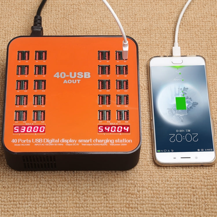 WLX-840 200W 40 Ports USB Digitalanzeige Intelligente Ladestation AC100-240V, AU-Stecker (Schwarz+Orange), AU-Stecker