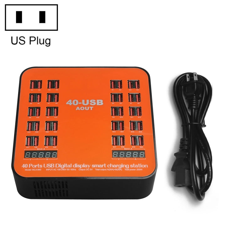 WLX-840 200W 40 Ports USB Digitalanzeige Intelligente Ladestation AC100-240V, US-Stecker (Schwarz+Orange), US-Stecker
