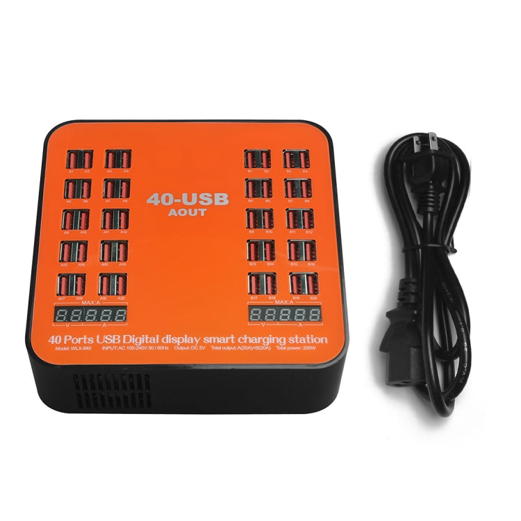 WLX-840 200W 40 Ports USB Digitalanzeige Intelligente Ladestation AC100-240V, US-Stecker (Schwarz+Orange), US-Stecker