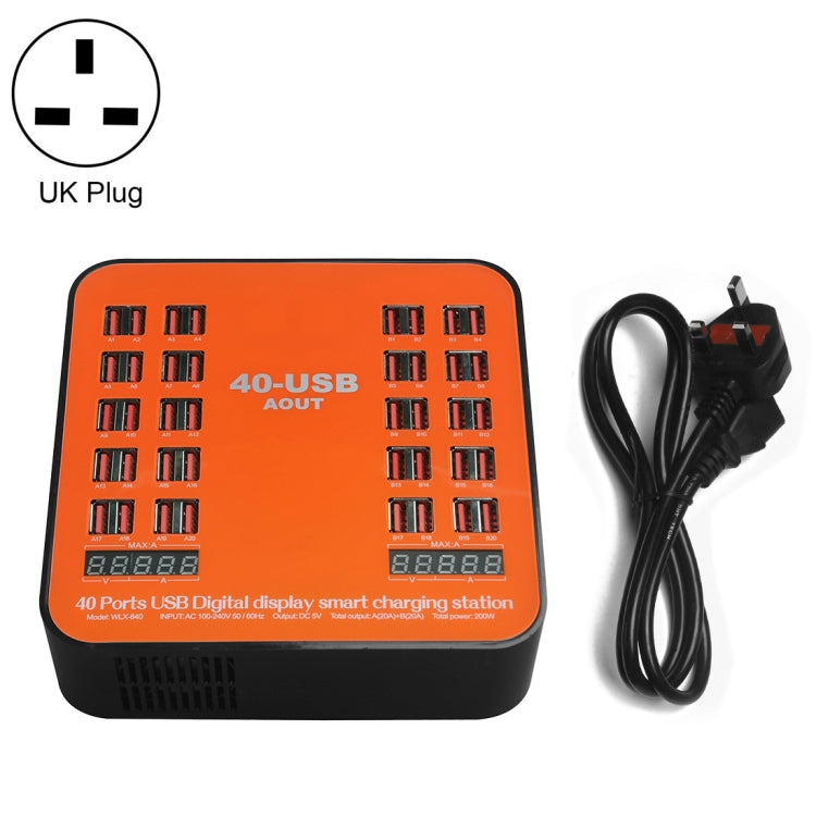 WLX-840 200W 40 Ports USB Digitalanzeige Intelligente Ladestation AC100-240V, UK-Stecker (Schwarz+Orange), UK-Stecker