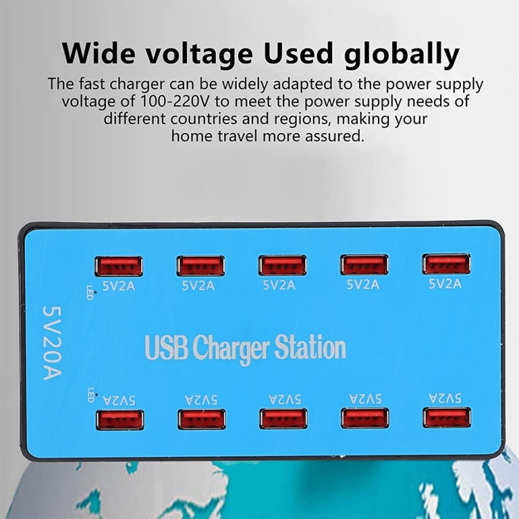 A5B 100W 10 Ports USB Intelligente Ladestation mit Kontrollleuchte, US-Stecker, 100W