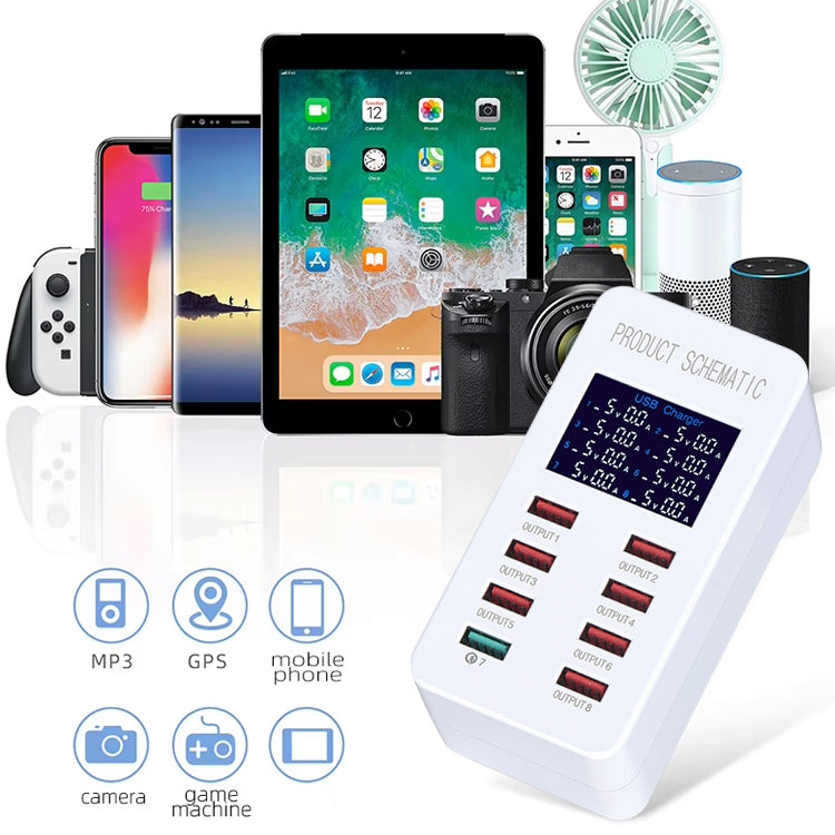 A8 50W 8 Ports USB + QC3.0 Intelligente Ladestation mit Digitalanzeige AC100-240V, UK-Stecker, A8 UK-Stecker
