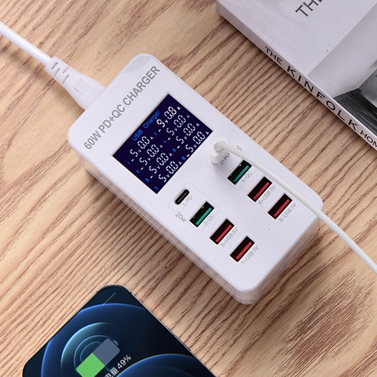 A8T 60W 8 Ports USB + QC3.0 + PD Typ-C Intelligente Ladestation mit Digitalanzeige AC100-240V, AU-Stecker, A8T AU-Stecker