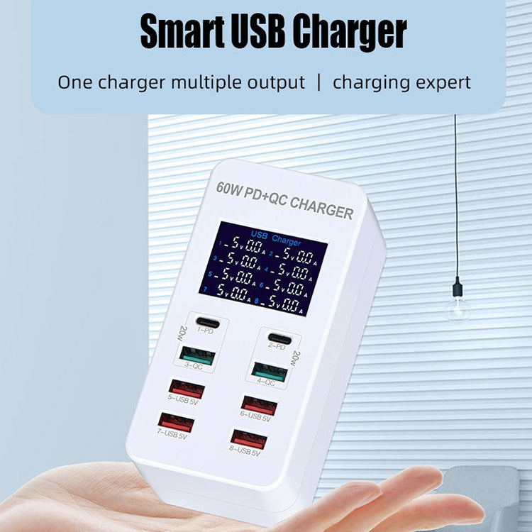 A8T 60W 8 Ports USB + QC3.0 + PD Typ-C Intelligente Ladestation mit Digitalanzeige AC100-240V, AU-Stecker, A8T AU-Stecker