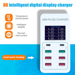 A8T 60W 8 Ports USB + QC3.0 + PD Typ-C Intelligente Ladestation mit Digitalanzeige AC100-240V, UK-Stecker, A8T UK-Stecker