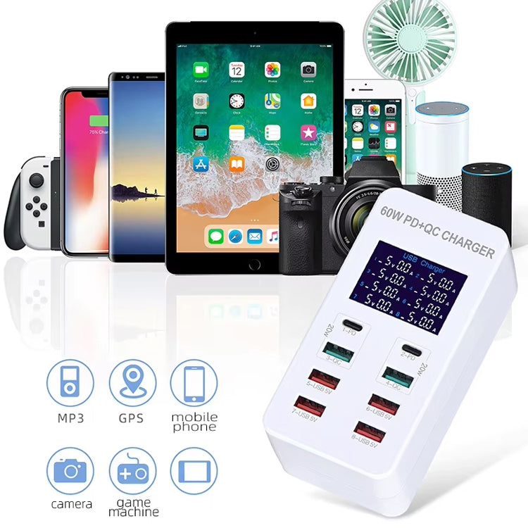 A8T 60W 8 Ports USB + QC3.0 + PD Typ-C Intelligente Ladestation mit Digitalanzeige AC100-240V, UK-Stecker, A8T UK-Stecker