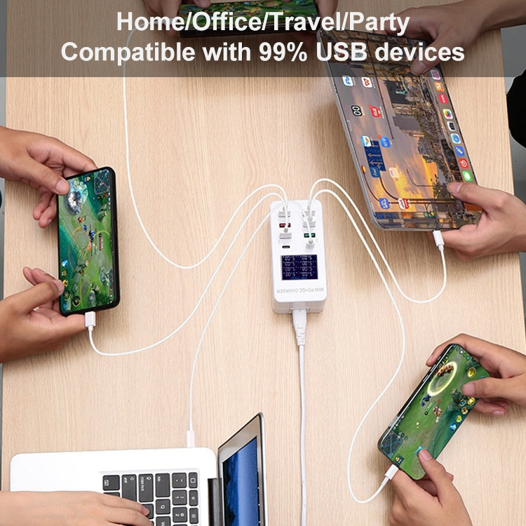 A8T 60W 8 Ports USB + QC3.0 + PD Typ-C Intelligente Ladestation mit Digitalanzeige AC100-240V, UK-Stecker, A8T UK-Stecker