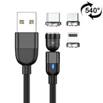 1m 3A Ausgang 3 in 1 USB auf 8 Pin + USB-C / Typ-C + Micro USB 540 Grad drehbares magnetisches Daten-Synchronisations-Ladekabel, 1m 3 in 1