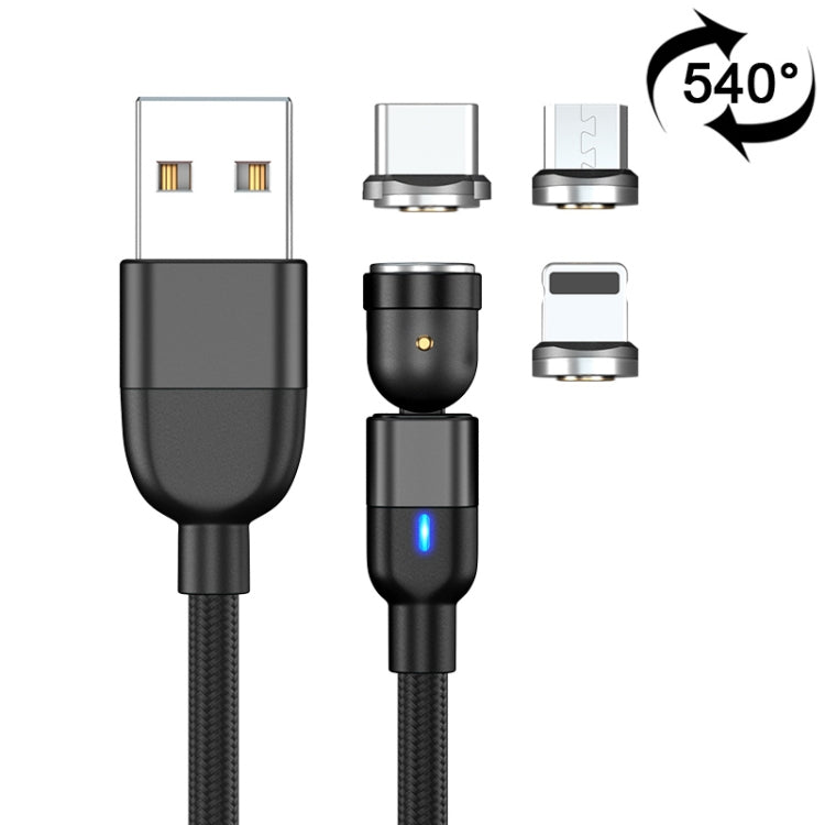 1m 3A Ausgang 3 in 1 USB auf 8 Pin + USB-C / Typ-C + Micro USB 540 Grad drehbares magnetisches Daten-Synchronisations-Ladekabel, 1m 3 in 1