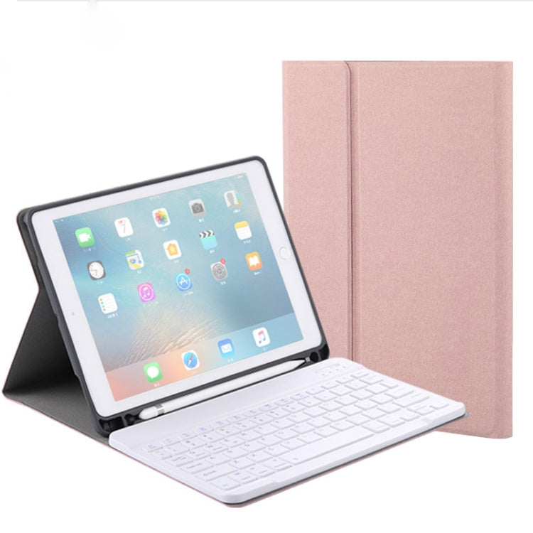 RK508 Für iPad Air 2 & Air 1 / Pro 9,7 Zoll & 2017 iPad & 2018 iPad Seidenstruktur Abnehmbare Kunststoff Bluetooth Tastatur Leder Tablet-Hülle mit Ständer & Stifthalter-Funktion