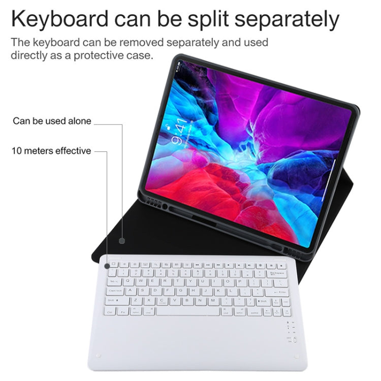 T129 Abnehmbare Bluetooth weiße Tastatur Mikrofaser-Leder-Tablet-Hülle für iPad Pro 12,9 Zoll (2020), mit Halter, weiße Tastatur