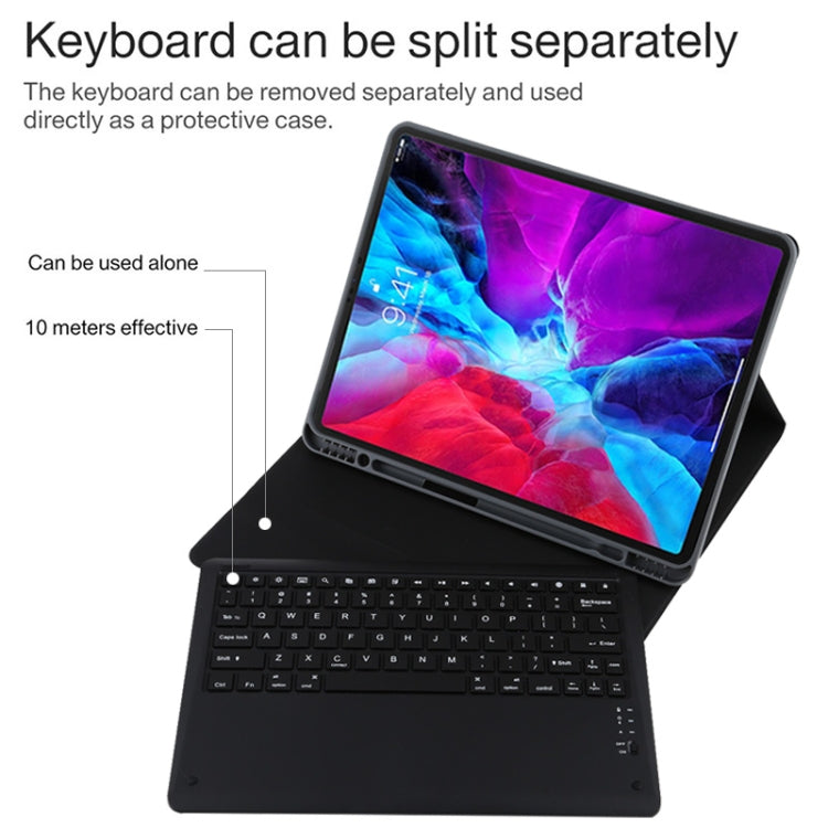 T129 Abnehmbare Bluetooth schwarze Tastatur Mikrofaser-Leder-Tablet-Hülle für iPad Pro 12,9 Zoll (2020), mit Halter, schwarze Tastatur