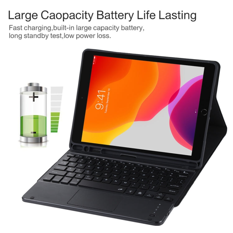 TG-102BCS Abnehmbare Bluetooth schwarze Tastatur + Mikrofaser Leder Tablet-Hülle für iPad 10.2 Zoll / iPad Air (2019), mit Touchpad & Hintergrundbeleuchtung & Stifthalter & Halter, schwarze Tastatur