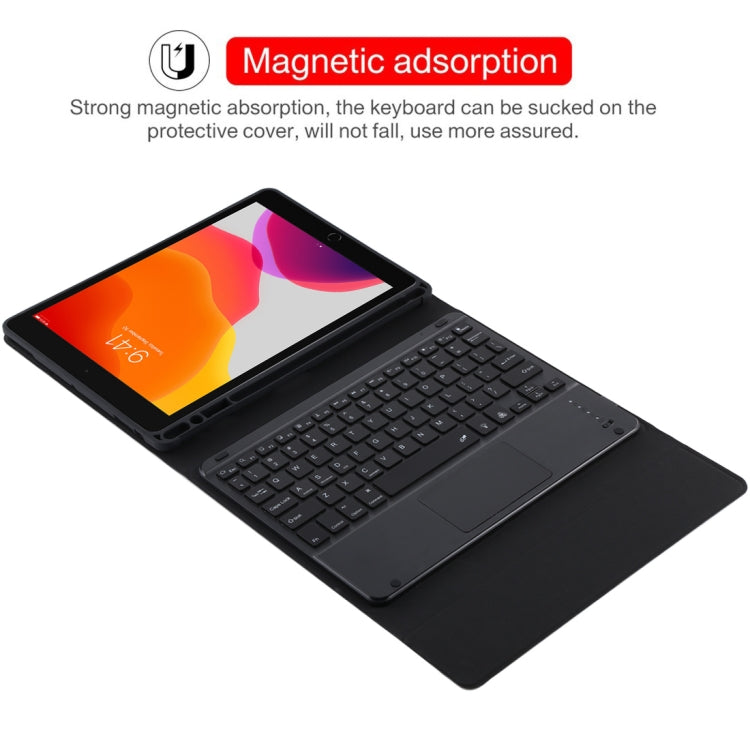 TG-102BCS Abnehmbare Bluetooth schwarze Tastatur + Mikrofaser Leder Tablet-Hülle für iPad 10.2 Zoll / iPad Air (2019), mit Touchpad & Hintergrundbeleuchtung & Stifthalter & Halter, schwarze Tastatur