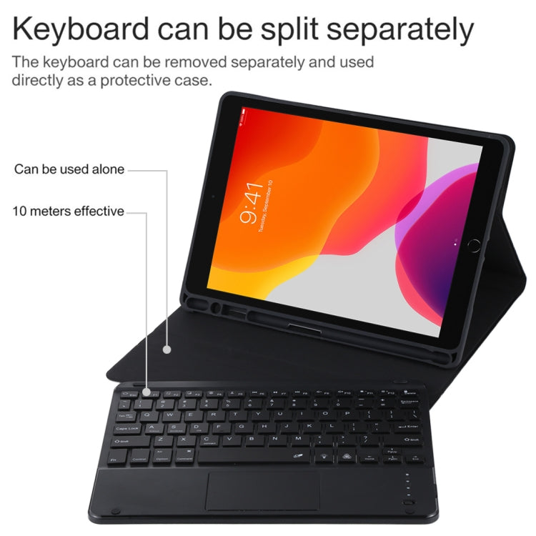 TG-102BCS Abnehmbare Bluetooth schwarze Tastatur + Mikrofaser Leder Tablet-Hülle für iPad 10.2 Zoll / iPad Air (2019), mit Touchpad & Hintergrundbeleuchtung & Stifthalter & Halter, schwarze Tastatur