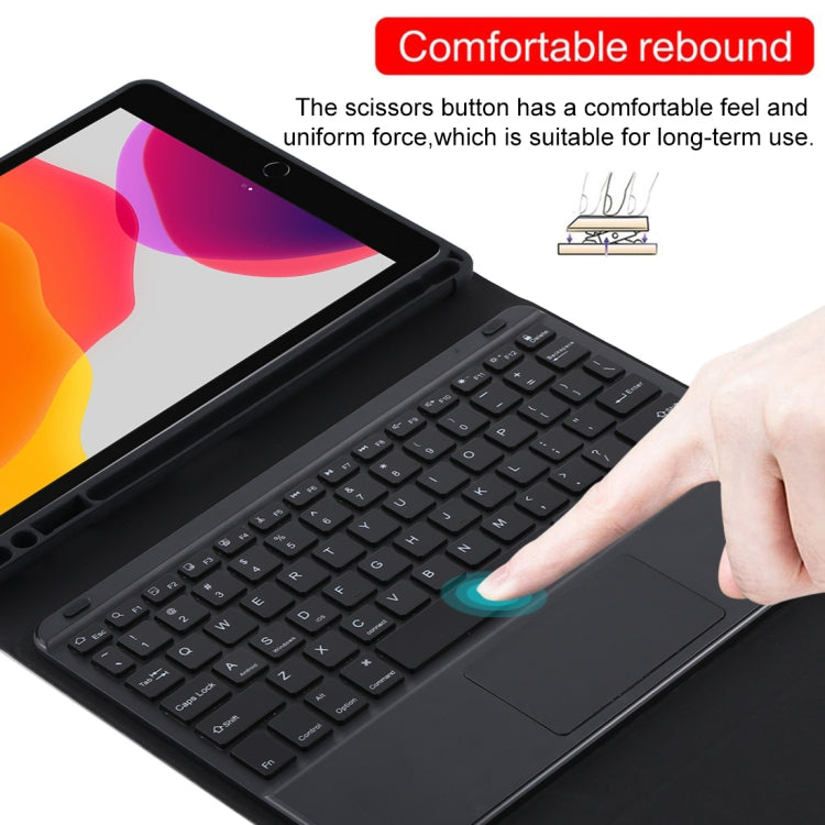 TG-102BCS Abnehmbare Bluetooth schwarze Tastatur + Mikrofaser Leder Tablet-Hülle für iPad 10.2 Zoll / iPad Air (2019), mit Touchpad & Hintergrundbeleuchtung & Stifthalter & Halter, schwarze Tastatur