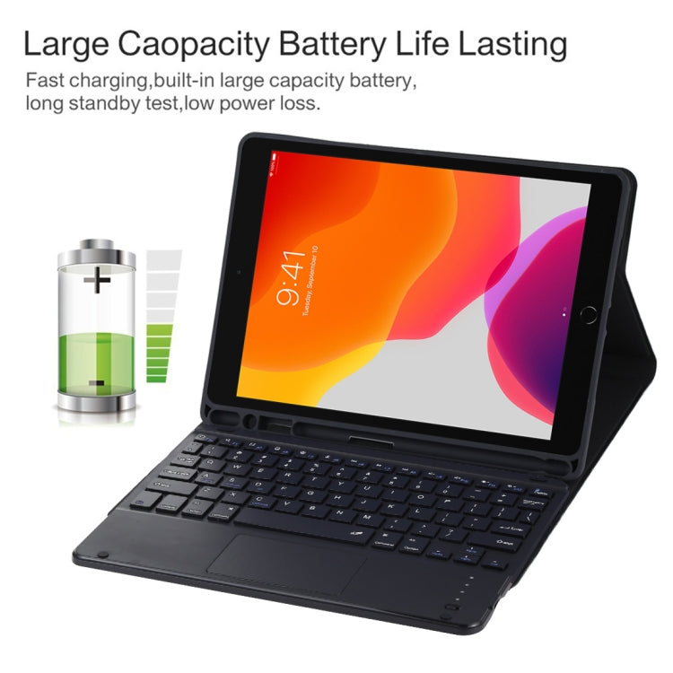 TG-102BC Abnehmbare Bluetooth Schwarze Tastatur + Mikrofaser Leder Tablet-Hülle für iPad 10,2 Zoll / iPad Air (2019), mit Touchpad & Stifthalter & Halter, TG-102BC
