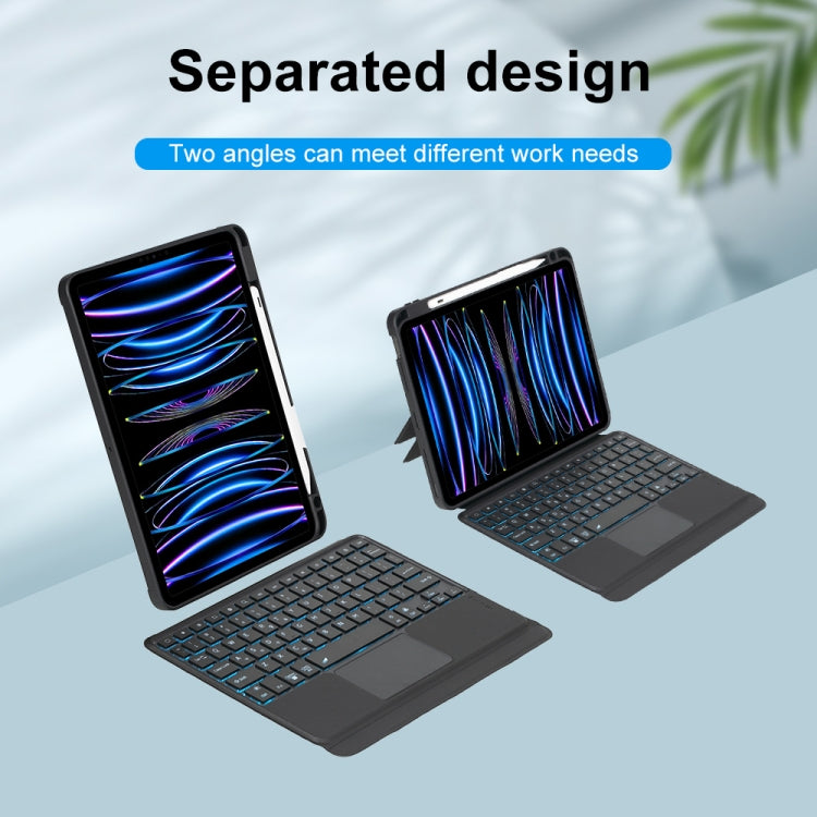 T11-AS Für iPad Air 11 2025 / Air 5 / 4 10.9 / Pro 11 2022&2021&2020&2018 Touch-Hintergrundbeleuchtung Split-Typ Bluetooth Tastatur Lederhülle, T11-AS