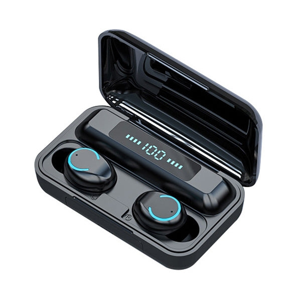 F9-9 TWS CVC8.0 Bluetooth-Kopfhörer mit Geräuschunterdrückung und Ladebox, unterstützt Touch-Beleuchtungseffekt & Drei-Bildschirm-LED-Leistungsanzeige & Powerbank & Handyhalter & HD-Anruf & Sprachassistent, F9-9 Schwarz
