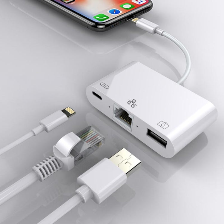 8-Pin zu RJ45 1000Mbps Netzwerkadapter + Ladeanschluss + Kamera USB-Lese Multifunktionskonverter, 1000Mbps