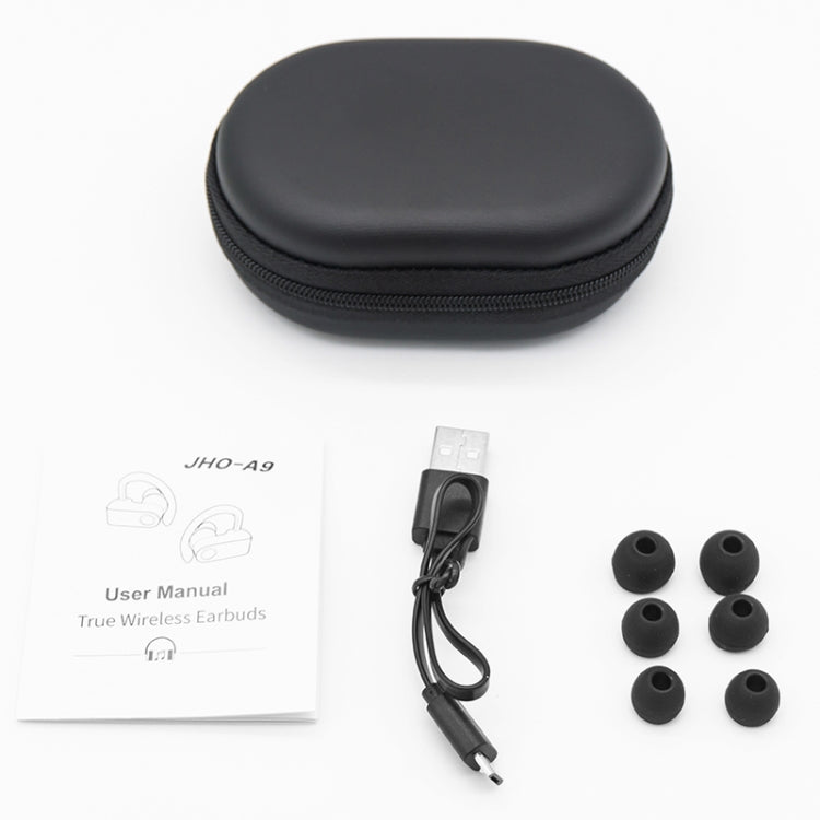 JHO-A9 TWS Kabelloser hängender Ohrhörer Bluetooth-Ohrhörer mit Lade- + Aufbewahrungstasche mit Reißverschluss, Sprachsteuerung unterstützt, JHO-A9