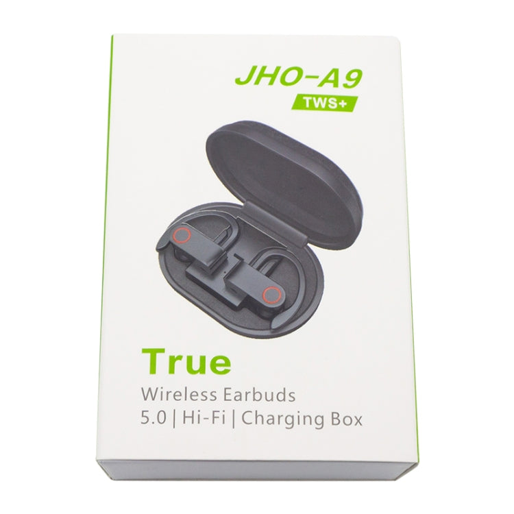JHO-A9 TWS Kabelloser hängender Ohrhörer Bluetooth-Ohrhörer mit Lade- + Aufbewahrungstasche mit Reißverschluss, Sprachsteuerung unterstützt, JHO-A9