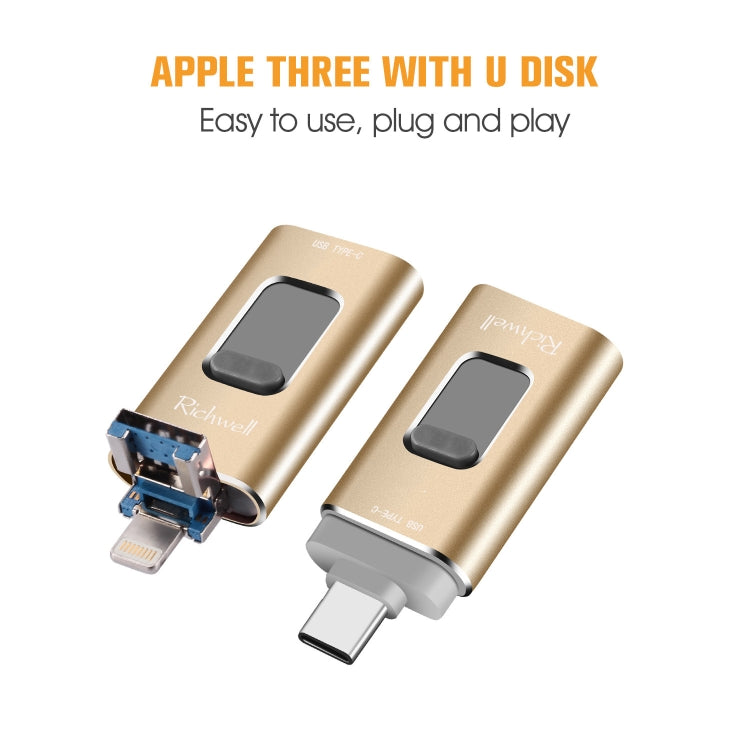 Richwell 3 in 1 128G Typ-C + 8-Pin + USB 3.0 Metall Push-Pull Flash-Laufwerk mit OTG-Funktion