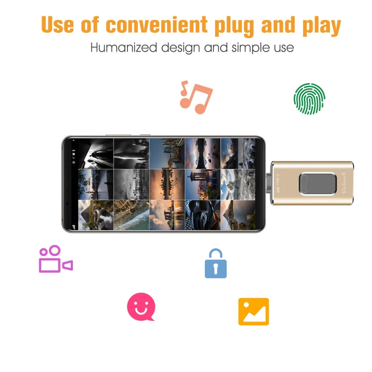 Richwell 3 in 1 128G Typ-C + 8-Pin + USB 3.0 Metall Push-Pull Flash-Laufwerk mit OTG-Funktion