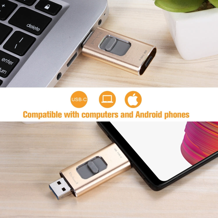 Richwell 3 in 1 128G Typ-C + 8-Pin + USB 3.0 Metall Push-Pull Flash-Laufwerk mit OTG-Funktion