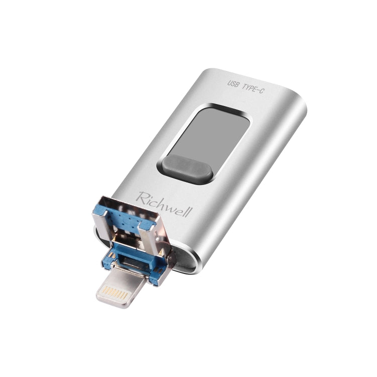 Richwell 3 in 1 128G Typ-C + 8-Pin + USB 3.0 Metall Push-Pull Flash-Laufwerk mit OTG-Funktion
