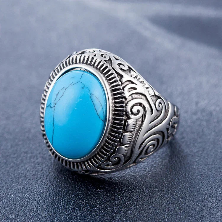 Herrenring im Retro-Stil mit türkisfarbenem Edelstein im europäischen und amerikanischen Stil aus Titanstahl, Größe: 7, Durchmesser: 17,4 mm, Umfang: 55 mm