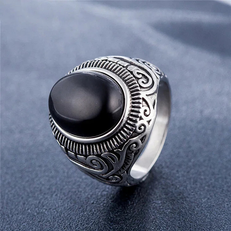 Herrenring im Retro-Stil mit türkisfarbenem Edelstein im europäischen und amerikanischen Stil aus Titanstahl, Größe: 8, Durchmesser: 18,2 mm, Umfang: 57 mm