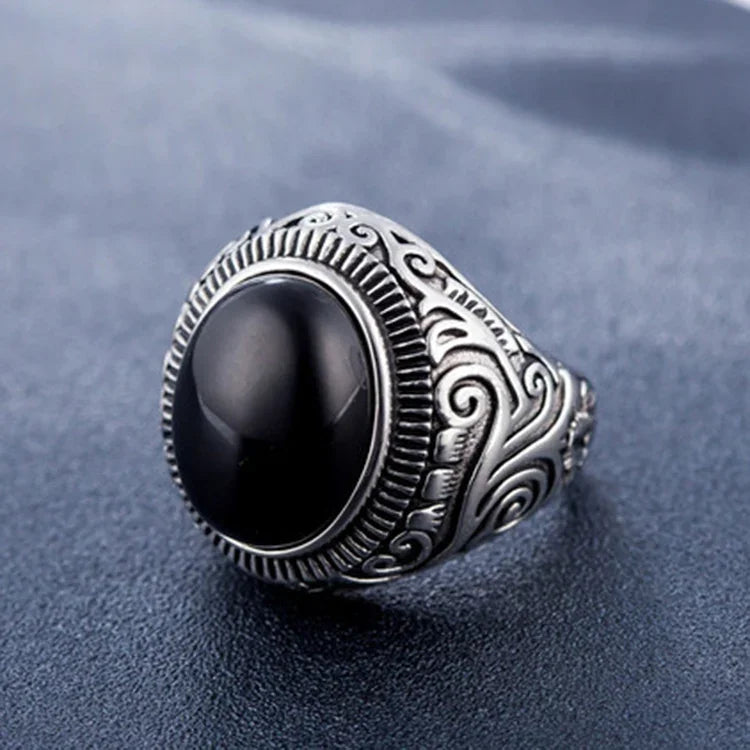 Herrenring im Retro-Stil mit türkisfarbenem Edelstein im europäischen und amerikanischen Stil aus Titanstahl, Größe: 11, Durchmesser: 20,7 mm, Umfang: 65 mm