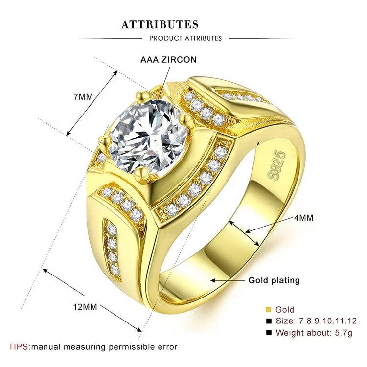 Modischer Herrenring im Business-Stil, 18 Karat Weißgold plattiert, mit AAA-Zirkonia, Größe: 7, Durchmesser: 17,3 mm, Umfang: 54,5 mm