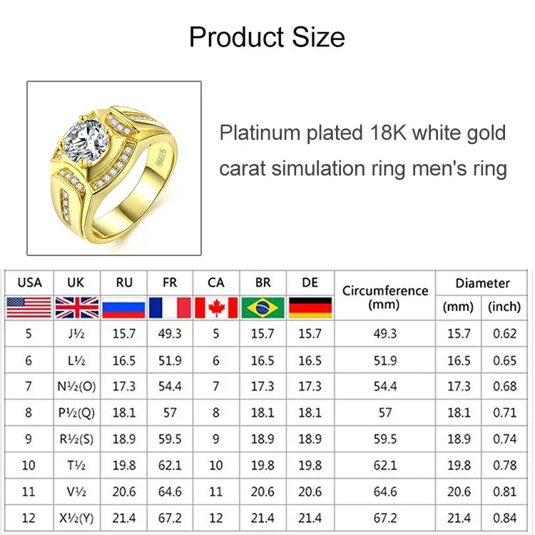 Modischer Herrenring im Business-Stil, 18 Karat Weißgold plattiert, mit AAA-Zirkonia, Größe: 12, Durchmesser: 21,4 mm, Umfang: 67,2 mm