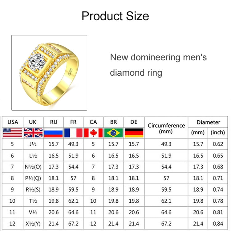 Fashion New Style vergoldet + AAA Zirkonia eingelegter Strass Herren Diamantring, Größe: 9, Durchmesser: 18,9mm, Umfang: 59,5mm, Durchmesser: 18,9mm