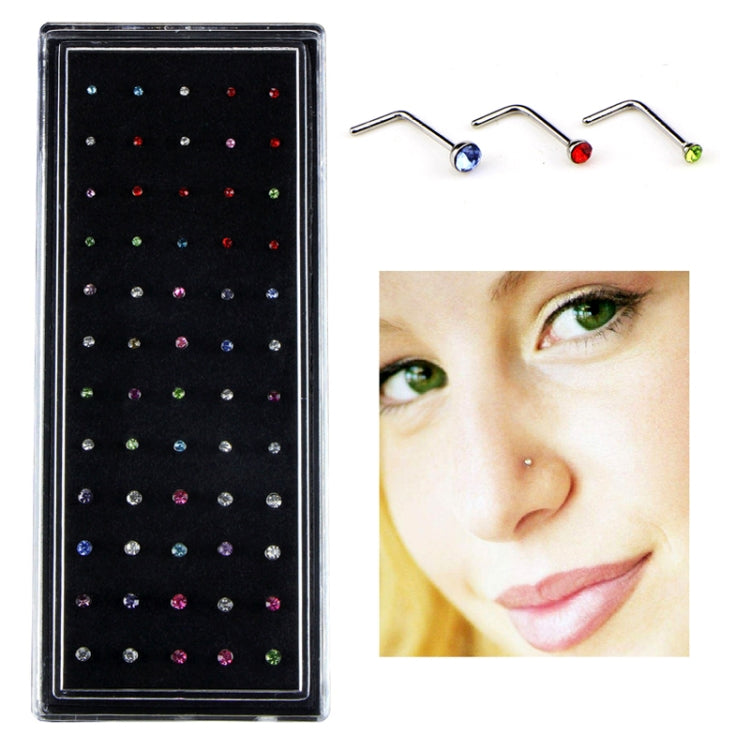 60 STÜCK farbig gemischte diamantförmige Nasenstecker aus Edelstahl, L-förmiges Piercing-Schmuck, Stiftlänge: 7 mm, Stiftdurchmesser: 0,6 mm (Farbe), Farbe (60 STÜCK), Weiß (60 STÜCK)