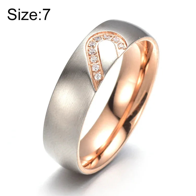 Modischer Strass-Herz-Partnerring aus feinem Titanstahl für Damen und Herren (Gold mit Diamant, US-Größe: 7), Gold mit Diamant, US-Größe: 7