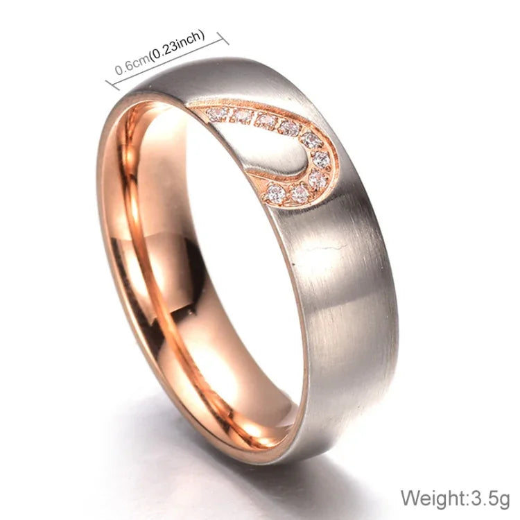 Modischer Strass-Herz-Partnerring aus feinem Titanstahl für Damen und Herren (Gold mit Diamant, US-Größe: 7), Gold mit Diamant, US-Größe: 7