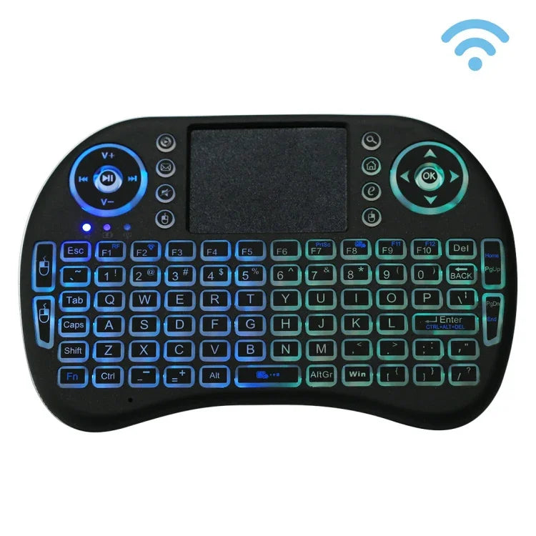 2,4-GHz-Mini-i8-Funk-QWERTY-Tastatur mit farbiger Hintergrundbeleuchtung, Touchpad und Multimedia-Steuerung für PC, Android-TV-Box, Xbox Player, Smartphones; farbige Hintergrundbeleuchtung änderbar