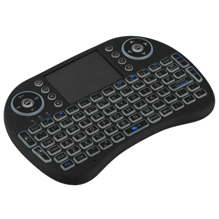 2,4-GHz-Mini-i8-Funk-QWERTY-Tastatur mit farbiger Hintergrundbeleuchtung, Touchpad und Multimedia-Steuerung für PC, Android-TV-Box, Xbox Player, Smartphones; farbige Hintergrundbeleuchtung änderbar