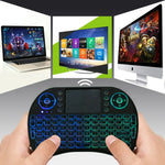 2,4-GHz-Mini-i8-Funk-QWERTY-Tastatur mit farbiger Hintergrundbeleuchtung, Touchpad und Multimedia-Steuerung für PC, Android-TV-Box, Xbox Player, Smartphones; farbige Hintergrundbeleuchtung änderbar
