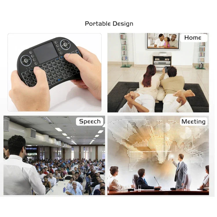 2,4-GHz-Mini-i8-Funk-QWERTY-Tastatur mit farbiger Hintergrundbeleuchtung, Touchpad und Multimedia-Steuerung für PC, Android-TV-Box, Xbox Player, Smartphones; farbige Hintergrundbeleuchtung änderbar