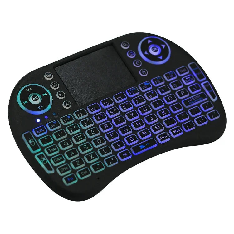 2,4-GHz-Mini-i8-Funk-QWERTY-Tastatur mit farbiger Hintergrundbeleuchtung, Touchpad und Multimedia-Steuerung für PC, Android-TV-Box, Xbox Player, Smartphones; farbige Hintergrundbeleuchtung änderbar