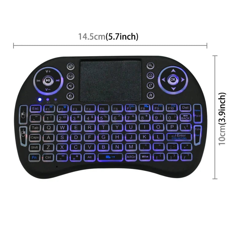 2,4-GHz-Mini-i8-Funk-QWERTY-Tastatur mit farbiger Hintergrundbeleuchtung, Touchpad und Multimedia-Steuerung für PC, Android-TV-Box, Xbox Player, Smartphones; farbige Hintergrundbeleuchtung änderbar