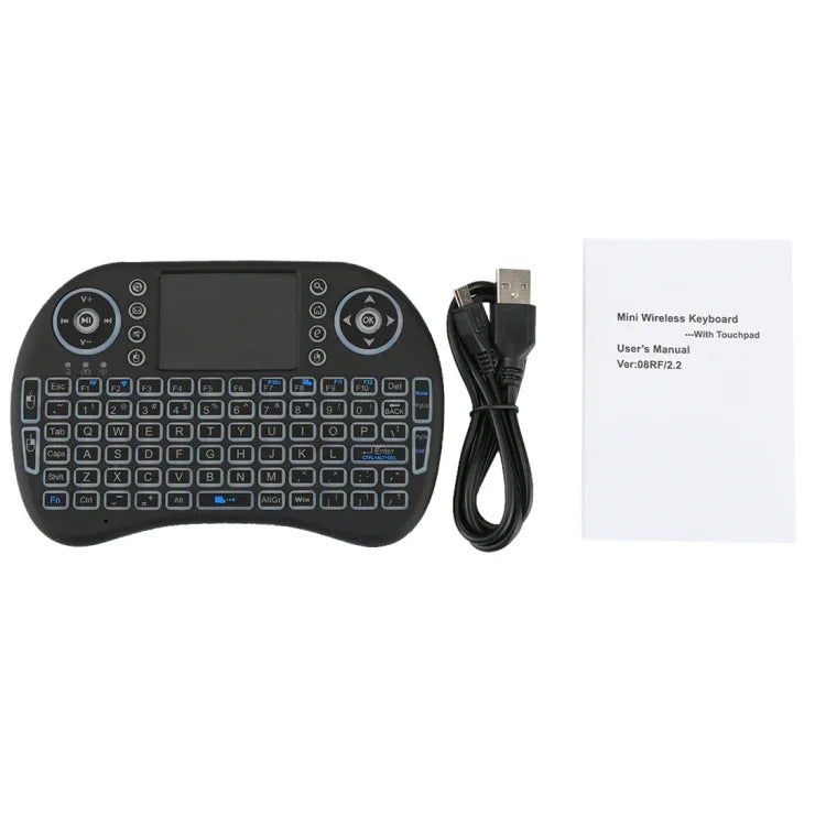2,4-GHz-Mini-i8-Funk-QWERTY-Tastatur mit farbiger Hintergrundbeleuchtung, Touchpad und Multimedia-Steuerung für PC, Android-TV-Box, Xbox Player, Smartphones; farbige Hintergrundbeleuchtung änderbar