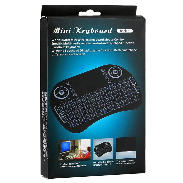 2,4-GHz-Mini-i8-Funk-QWERTY-Tastatur mit farbiger Hintergrundbeleuchtung, Touchpad und Multimedia-Steuerung für PC, Android-TV-Box, Xbox Player, Smartphones; farbige Hintergrundbeleuchtung änderbar