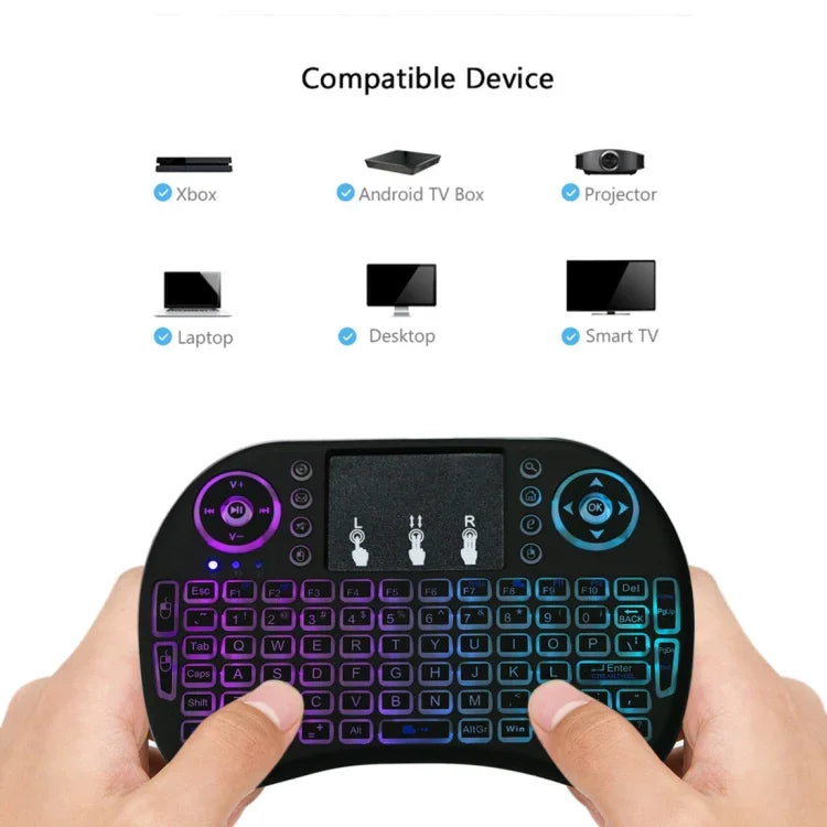 2,4-GHz-Mini-i8-Funk-QWERTY-Tastatur mit farbiger Hintergrundbeleuchtung, Touchpad und Multimedia-Steuerung für PC, Android-TV-Box, Xbox Player, Smartphones; farbige Hintergrundbeleuchtung änderbar